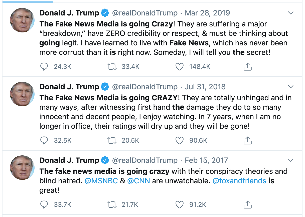 A selection of tweets posted by the president about ‘fake news’