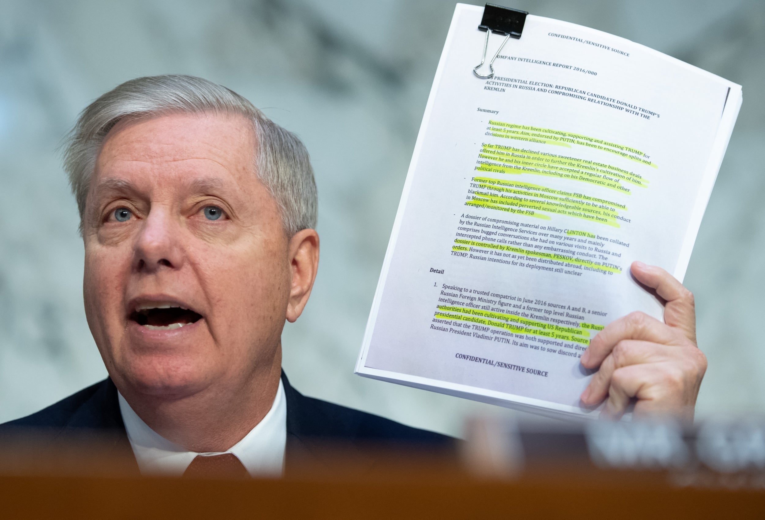 Lindsey Graham with the Steele Dossier, which details links between Trump and the Russian state