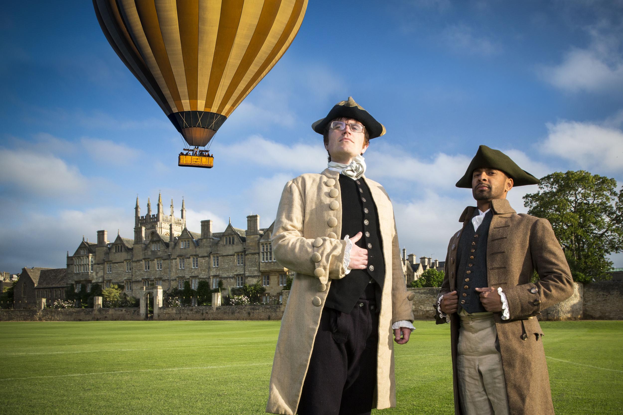 Monkman (left) and Seagull at the site of James Sadler’s 1784 hot air balloon flight in Oxford