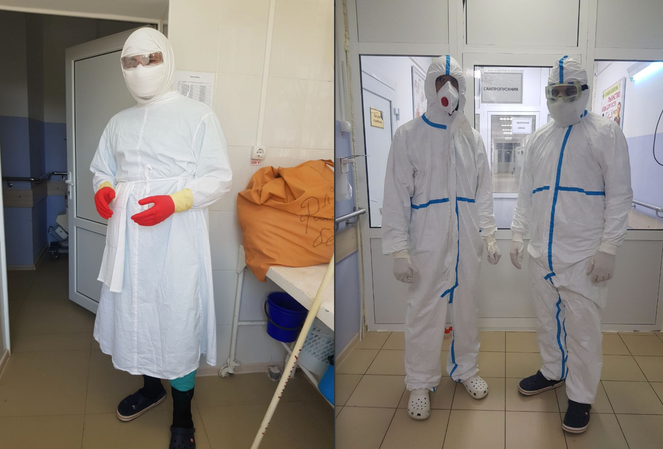 Dagestan’s hospitals were totally unprepared for the storm that came their way in April, and made do as best they could (left). They now have access to proper PPE (right) – but only thanks to the efforts of volunteers