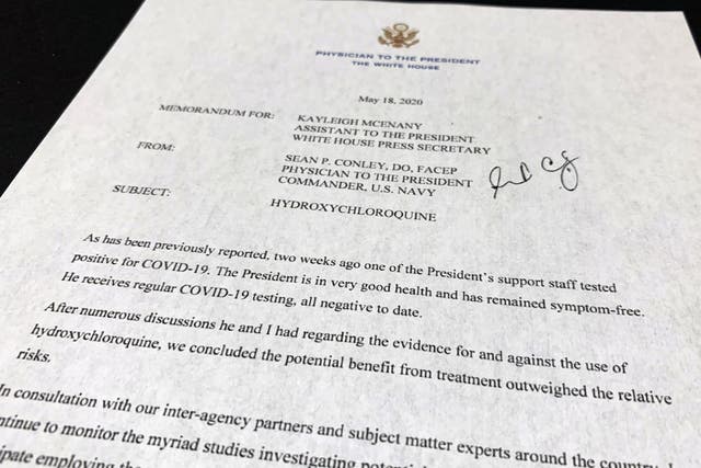 The letter from White House physician Sean Conley to White House press secretary Kayleigh McEnany about President Donald Trump taking hydroxychloroquine