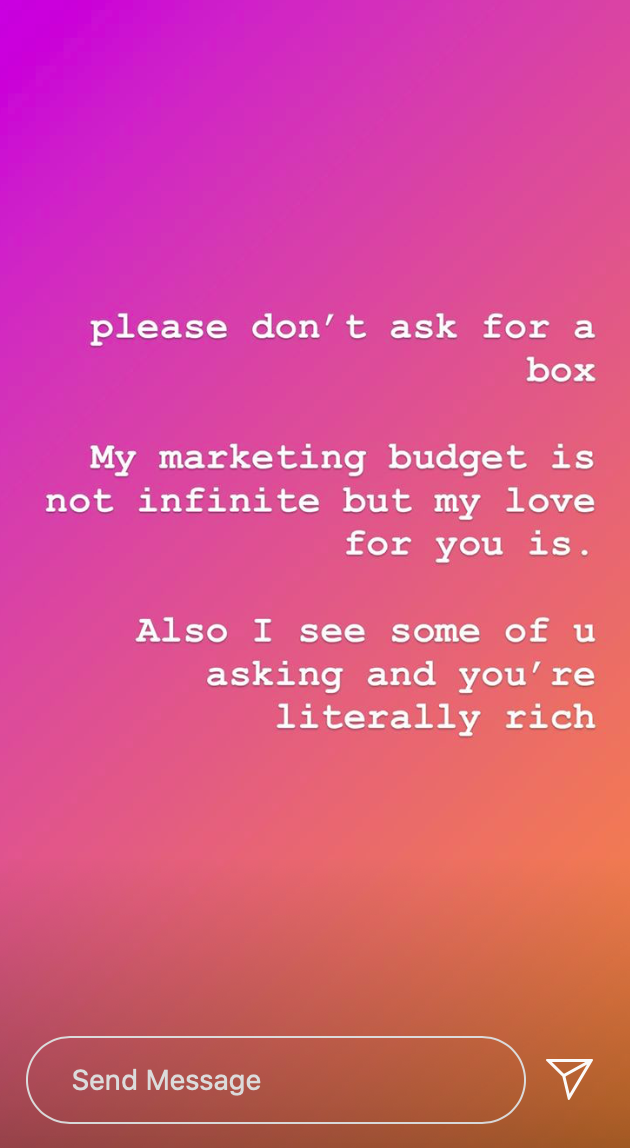 ChrissyTeigentells friends not to ask for free PR boxes (Instagram)