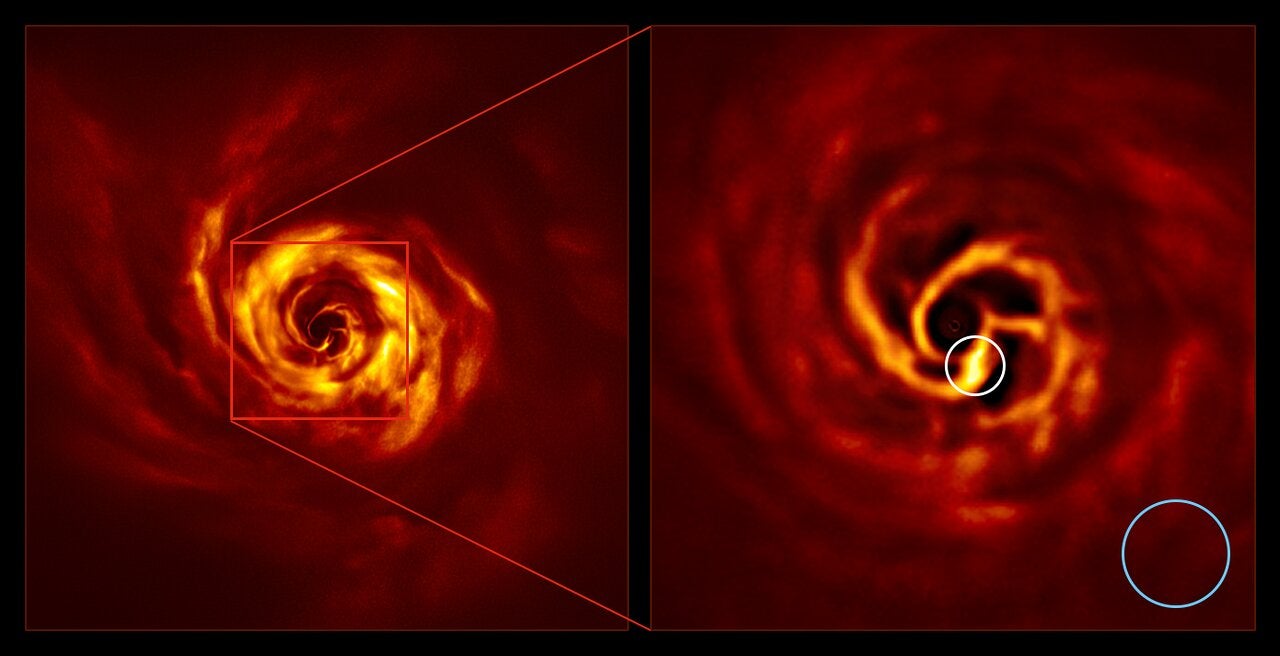 The images of the AB Aurigae system showing the disc around it. The image on the right is a zoomed-in version of the area indicated by a red square on the image on the left. It shows the inner region of the disc, including the very-bright-yellow ‘twist’ (circled in white) that scientists believe marks the spot where a planet is forming.