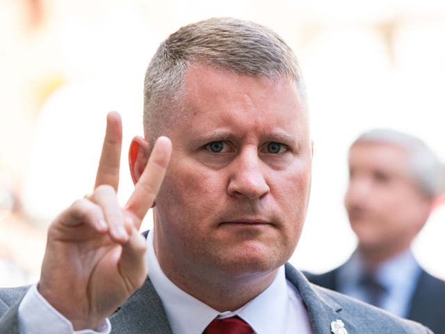 Britain First leader Paul Golding arrives at Westminster Magistrates' Court in London on 20 May