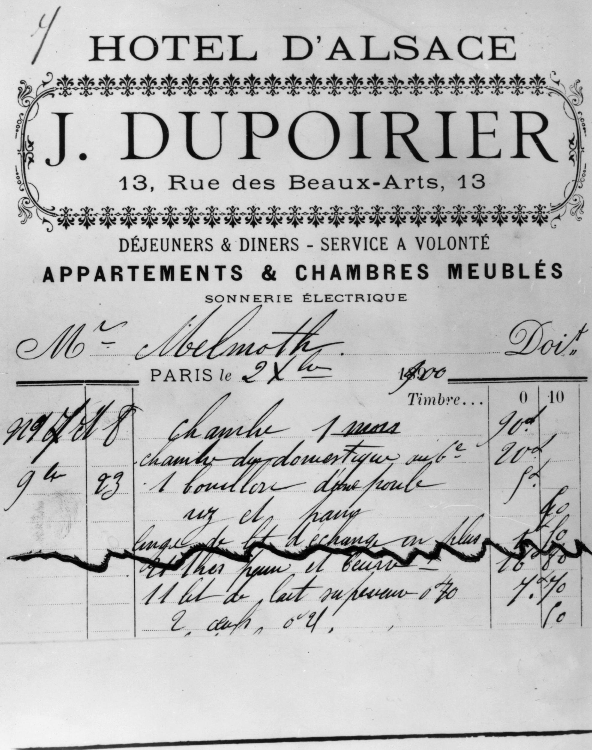 A Paris hotel receipt belonging to Wilde from 1900