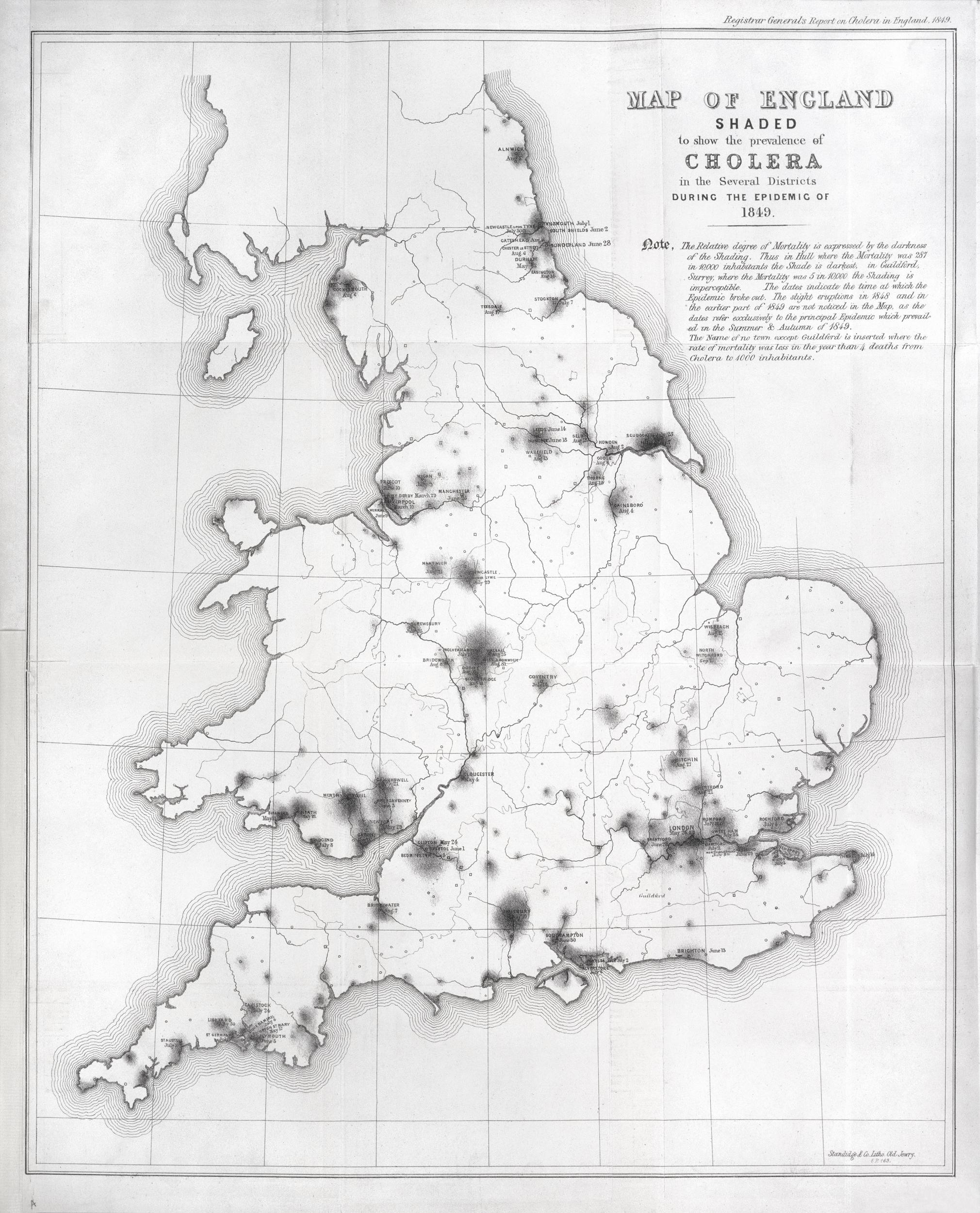 A map of England, dated 1845, showing separate outbreaks of cholera across the country