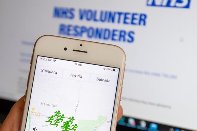 The NHS GoodSAM app, which is used to coordinate the service, on a phone on the first day it was rolled out