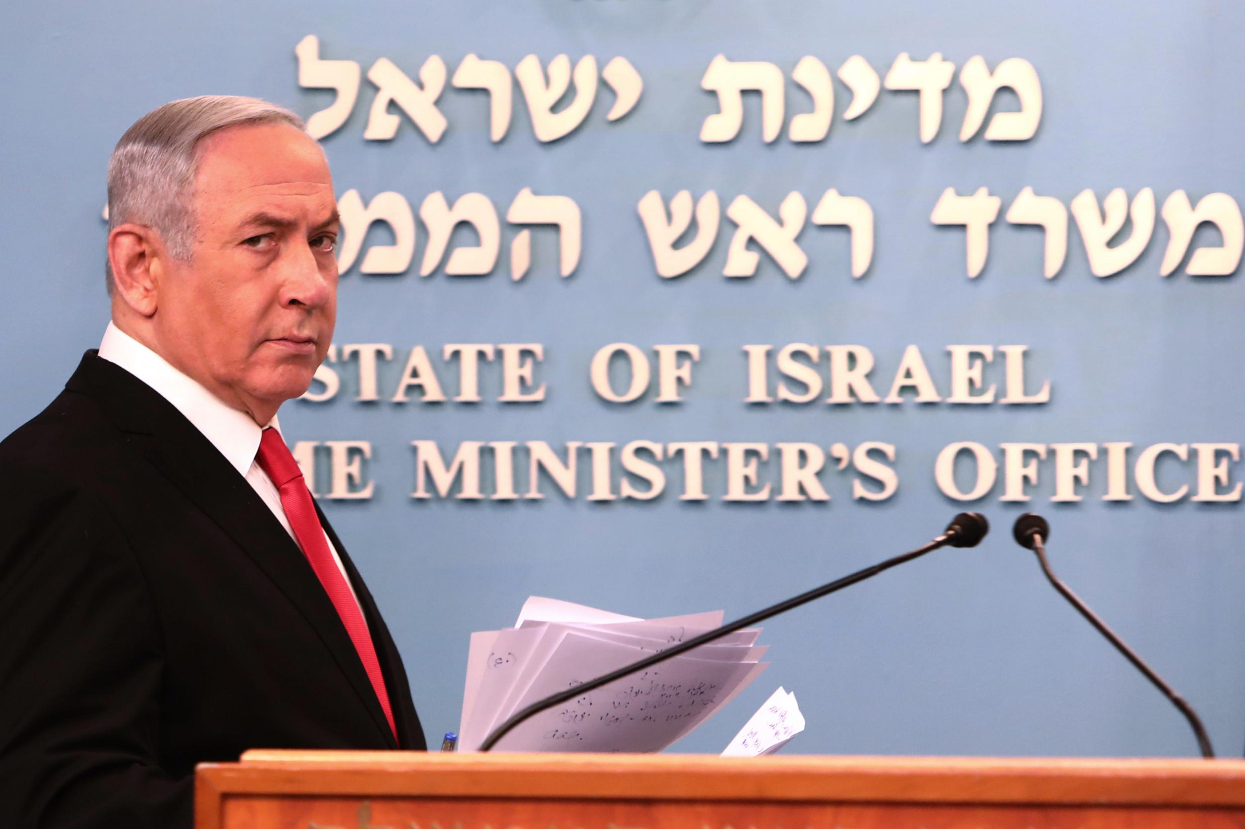 Israeli prime minister Benjamin Netanyahu arrives for a speech at his Jerusalem office