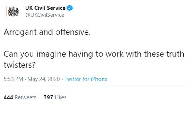 'Arrogant and offensive': Civil service's official Twitter account ...