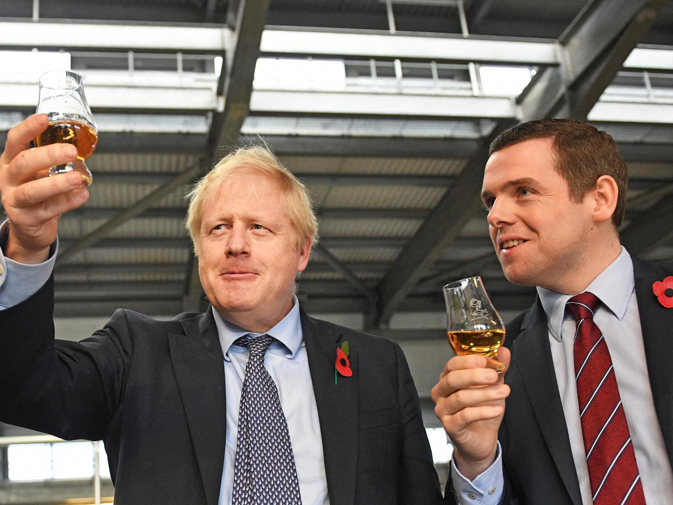 Boris Johnson with Douglas Ross on trip to Morayshire distillery