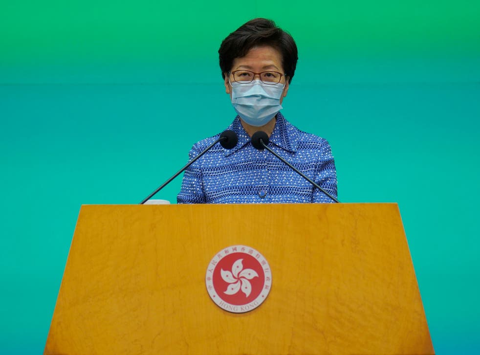 The chief executive of Hong Kong, Carrie Lam, takes reporters' questions during a press conference on Tuesday