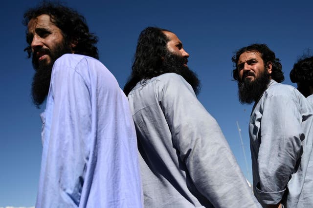 Taliban prisoners stand during their release from the Bagram prison, next to the US military base in Bagram, north of Kabul