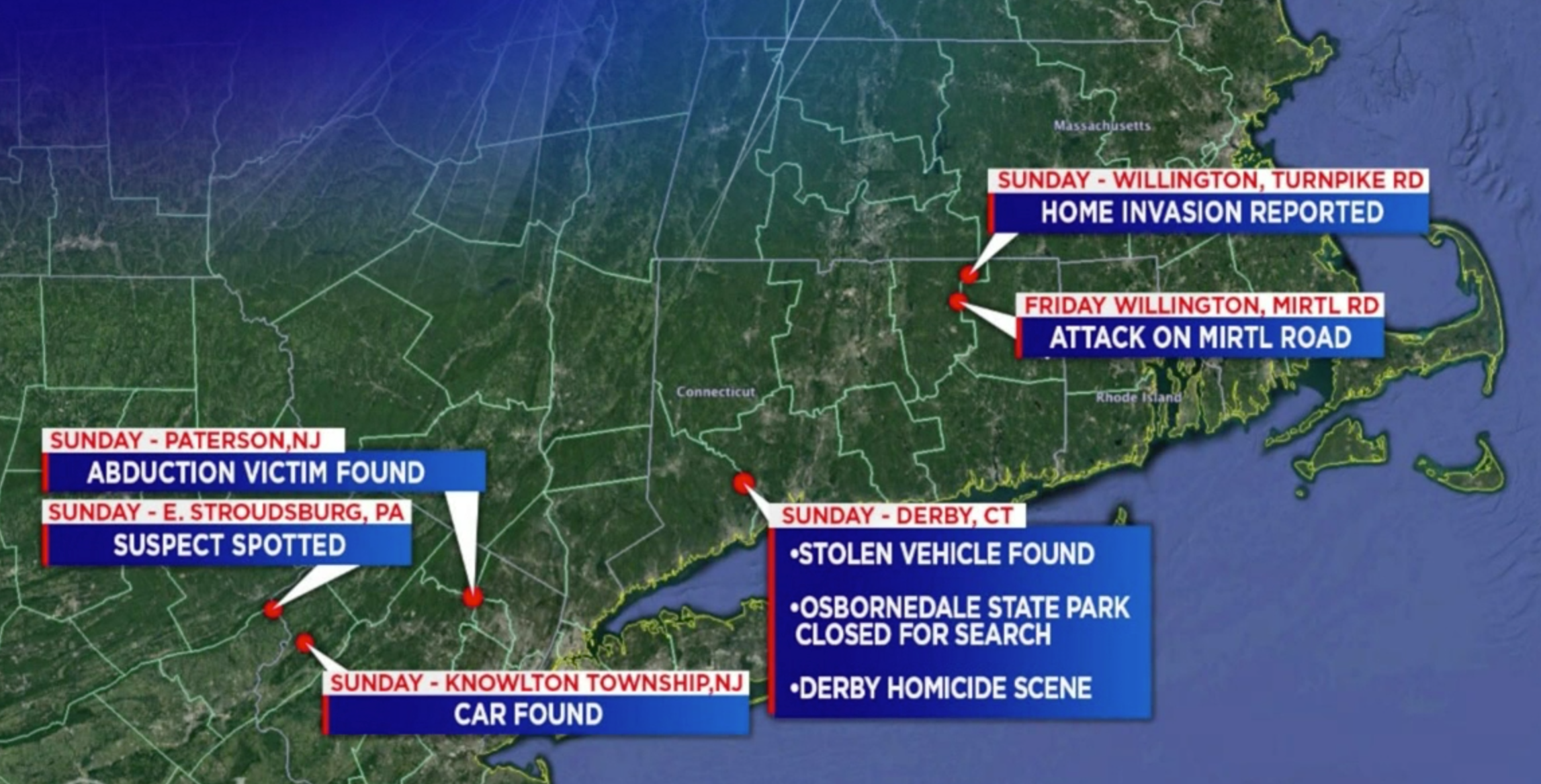 A map detailing Peter Manfredonia's multi state crime spree