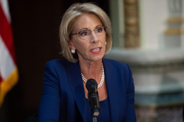 Betsy DeVos speaking in 2018 during a meeting of the Federal Commission on School Safety