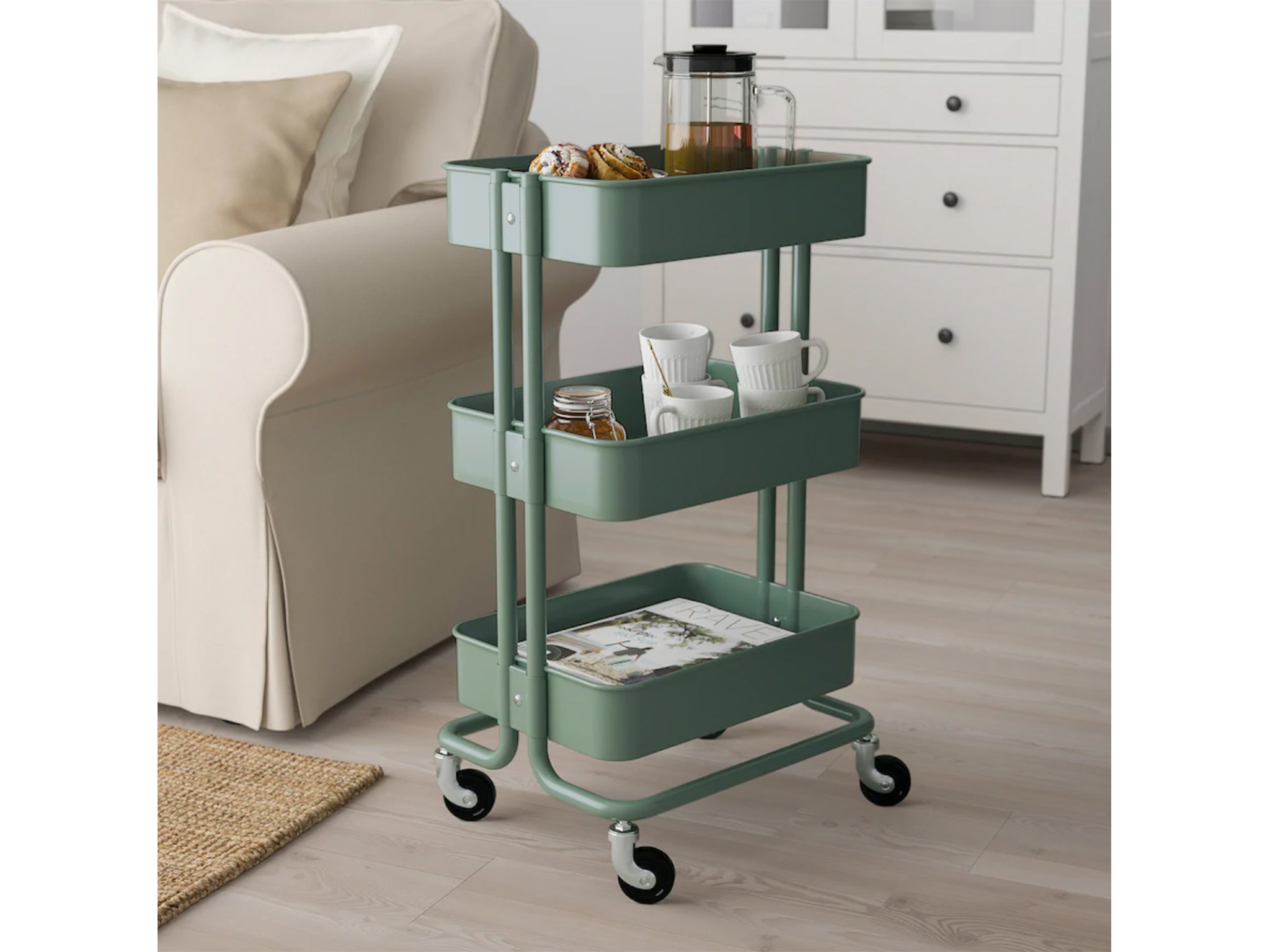 This trolley is a portable storage solution for the bathroom, bedroom, kitchen or living room
