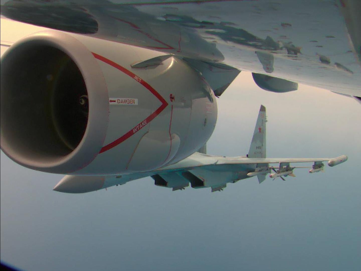 Two Russian Su-35 aircraft unsafely intercept a P-8A Poseidon patrol aircraft assigned to U.S. 6th Fleet over the Mediterranean Sea May 26, 2020 (US 6th Fleet)