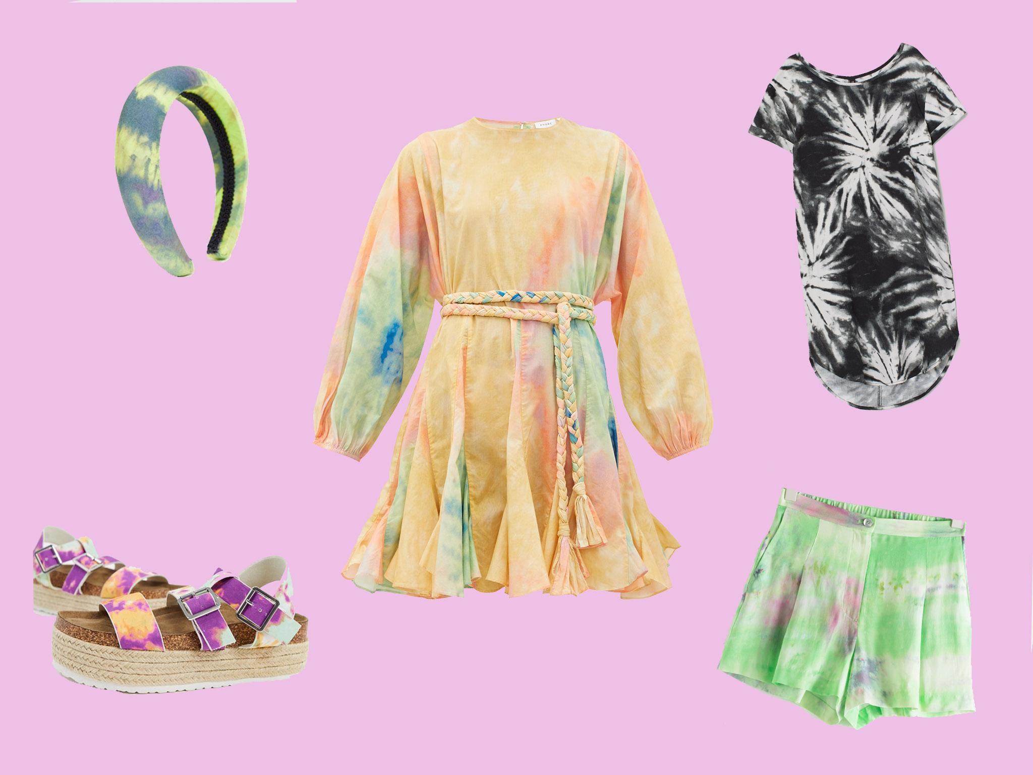 ASOS DESIGN, Tanner Chunky Espadrille Flatforms in Tie Dye, £28, ASOS; ASOS DESIGN, Padded Headband in Green Tie Dye Print, £2.50, ASOS; Ella Belted Tie-Dye Cotton Mini Dress, £335, Matches Fashion; Short T-Shirt Dress, £19.99, H&amp;M; Tie Dye Shorts, £55, &amp; Other Stories