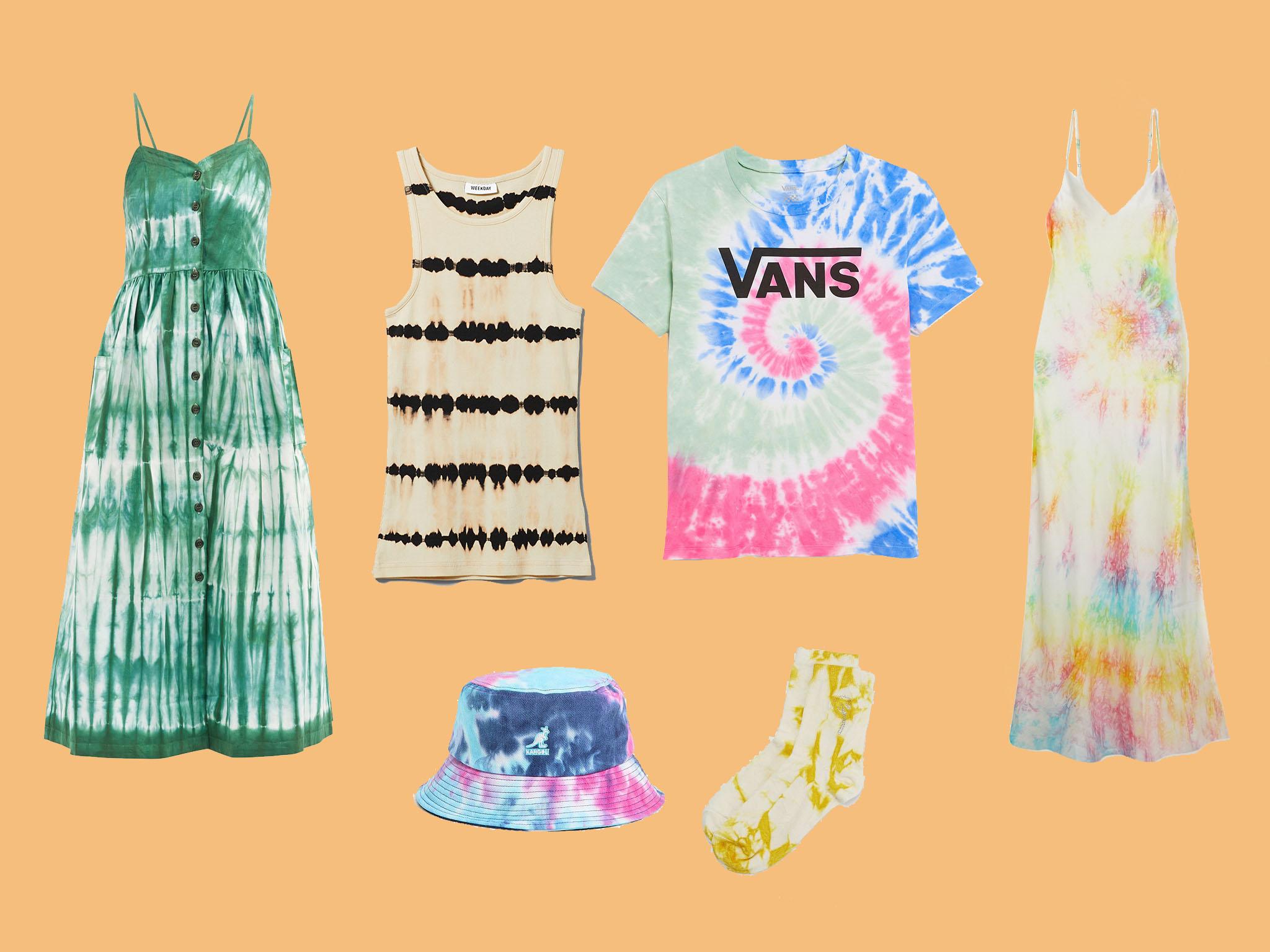 Arizona Love, Alma Tie-Dye Cotton-Twill Dress, £208, Matches Fashion; Stella Printed Tank Top, £12, Weekday; Vans Tie-Dye Tee, £35, Monki; Dannijo, Tie-Dyed Silk-Satin Midi Dress, £333.32, Net-a-Porter; Kangol Tie-Dye Bucket Hat, £45, Urban Outfitters; Palm Tree &amp; Tie Dye Yellow Ankle Socks, £7.50, Oliver Bonas