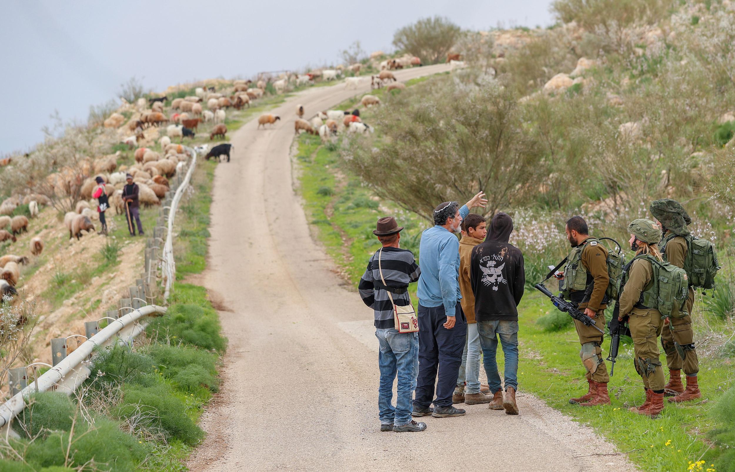 Israeli activists confront Israeli settlers after they chased away Palestinian shepherds at an area designated as military zone in the Jordan Valley