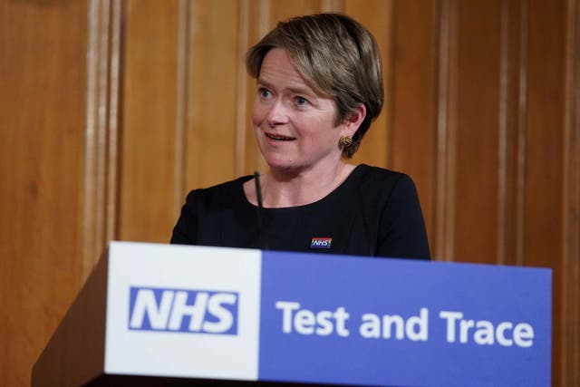 Executive chair of NHS Test and Trace, Baroness Dido Harding, speaks during a daily news conference on 27 May