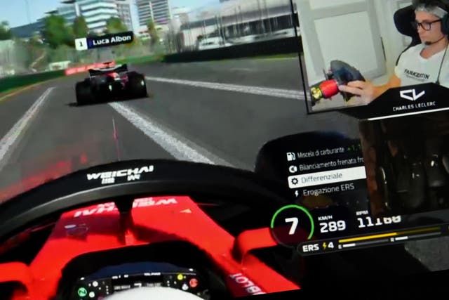 Ferrari driver Charles Leclerc racing in a virtual Grand Prix
