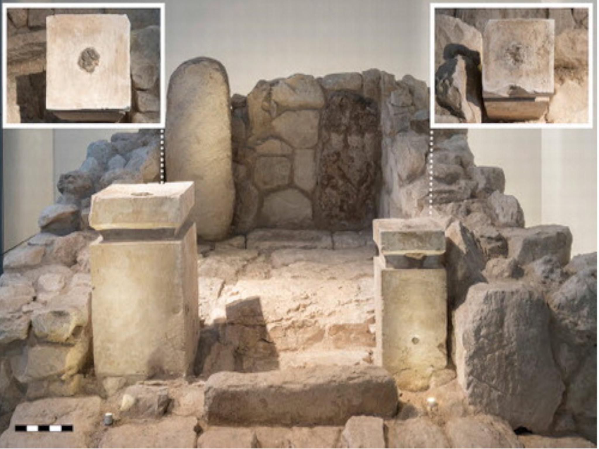 Frontal view of the cella of the shrine at Arad, as rebuilt in the Israel Museum from the original archaeological finds. The inserts show a top−down view of the altars: on the left, the larger altar; on the right, the smaller altar. Note the visible black residue