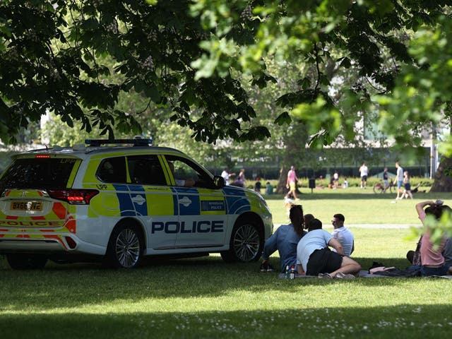 Police officers in a patrol car move sunbathers in Greenwich Park, London
