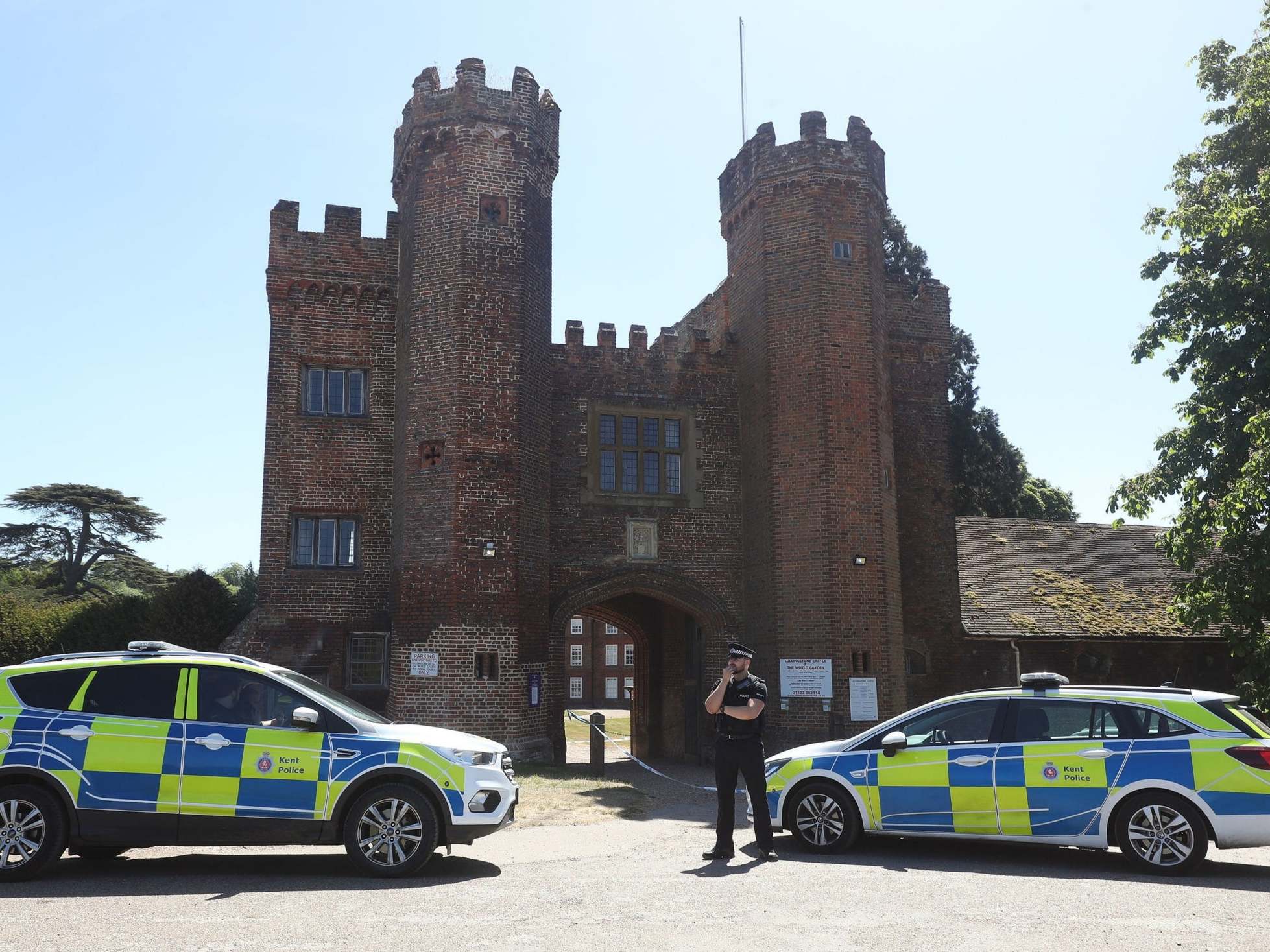 Police presence at the entrance to Lullingstone Castle in Eynsford, Kent, where a man has died after reports of a disturbance in the grounds