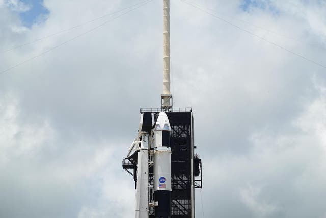 The SpaceX Falcon 9 rocket with the Crew Dragon spacecraft attached is seen on launch pad 39A at the Kennedy Space Center on May 29, 2020 in Cape Canaveral, Florida