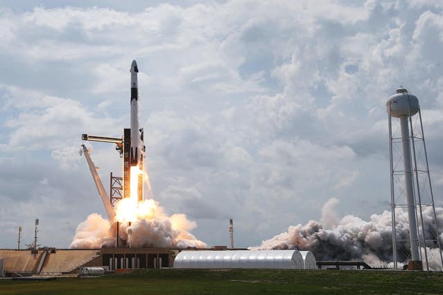 The SpaceX Falcon 9 rocket with the manned Crew Dragon spacecraft attached takes off from launch pad 39A at the Kennedy Space Center on May 30, 2020 in Cape Canaveral, Florida