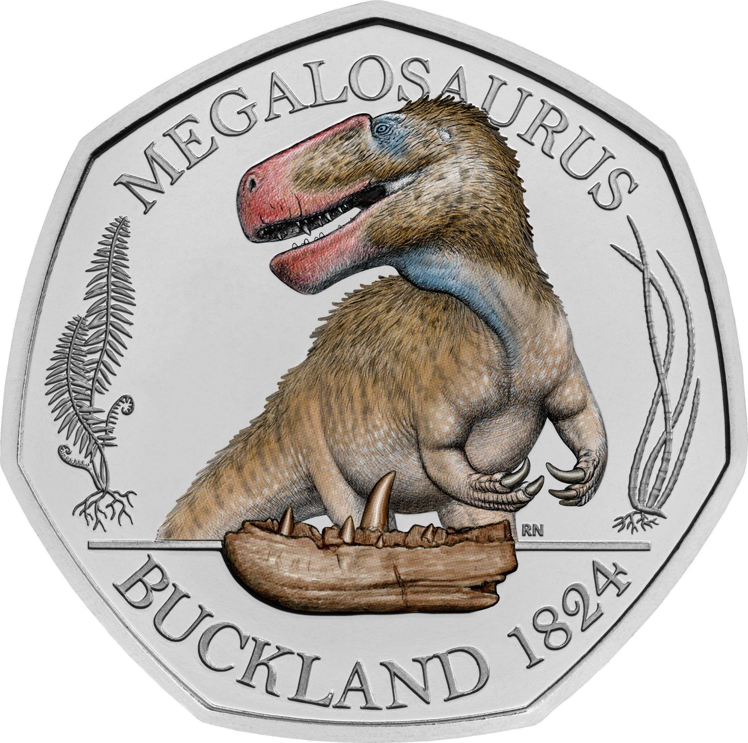 A commemorative 50 pence coin from the Royal Mint Dinosauria Collection which shows a Megalosaurus