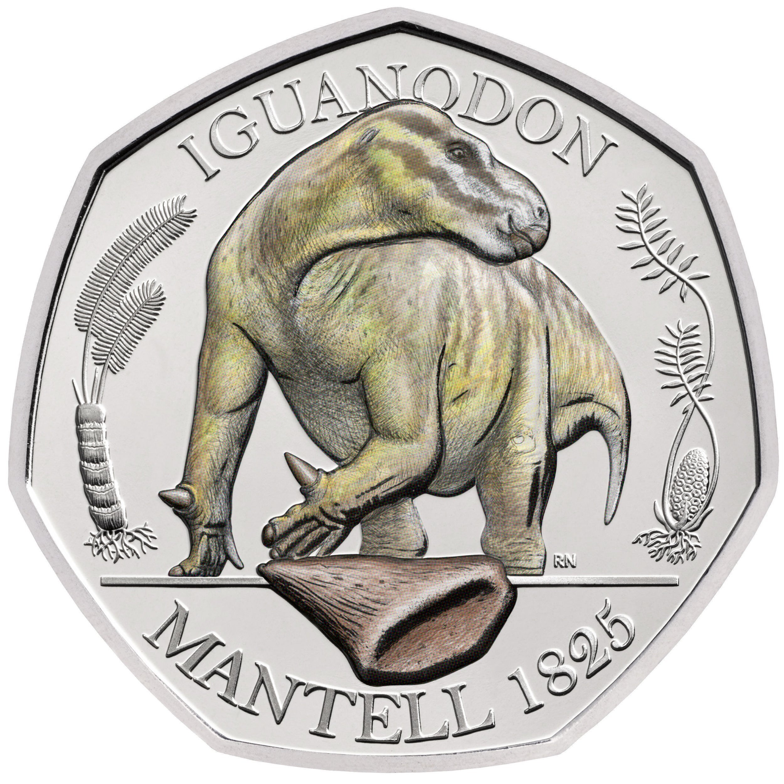 A commemorative 50 pence coin from the Royal Mint Dinosauria Collection which shows a Iguanodon