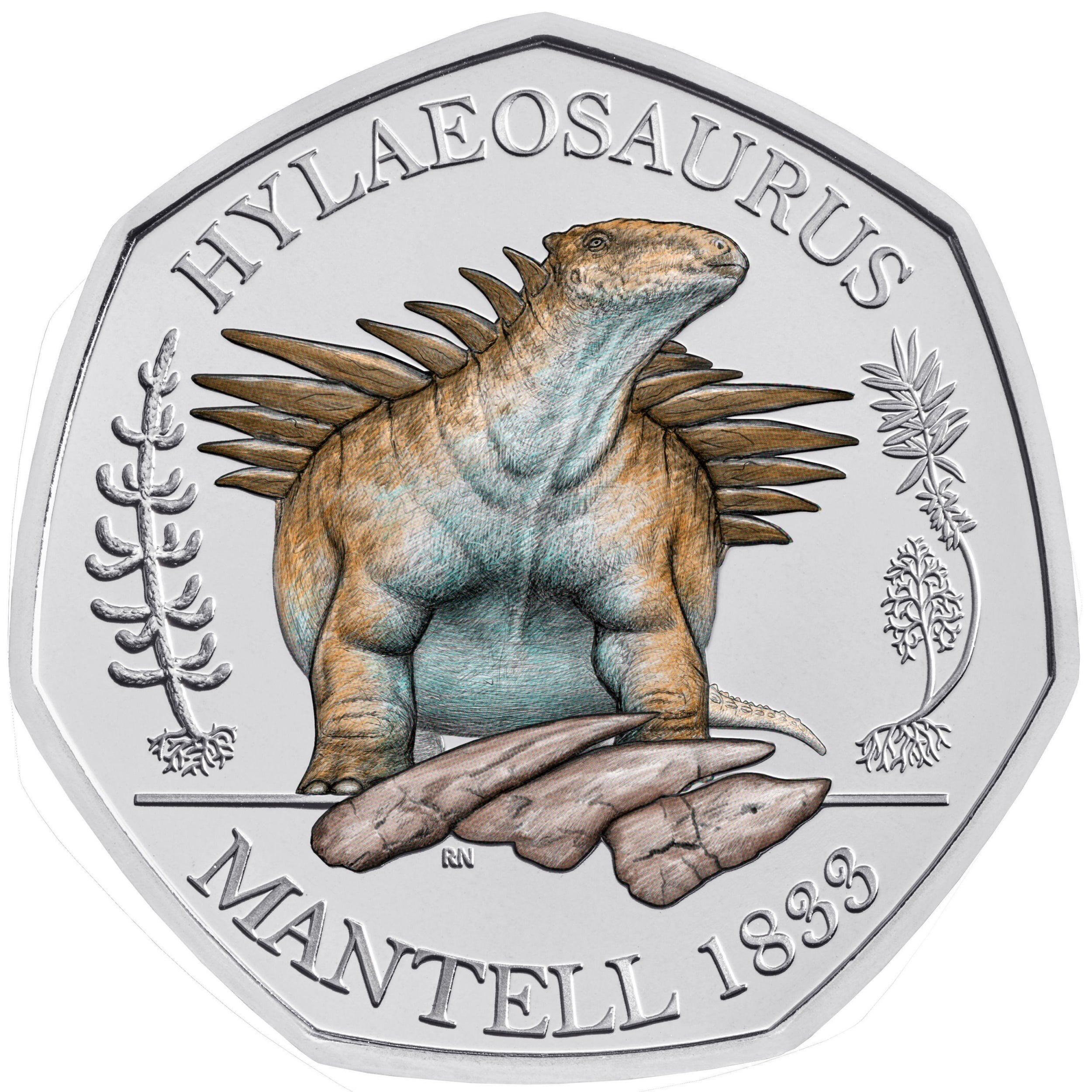 A commemorative 50 pence coin from the Royal Mint Dinosauria Collection which shows a Hylaeosaurus