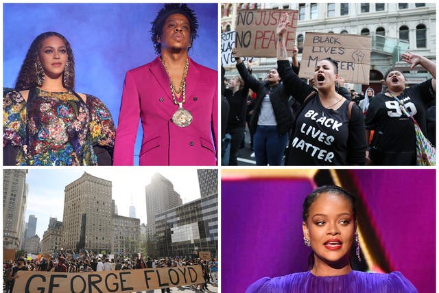 Top left clockwise: Beyonce and Jay-Z, Black Lives Matter protestors in New Zealand, Rihanna, a Black Lives Matter protest in New York City