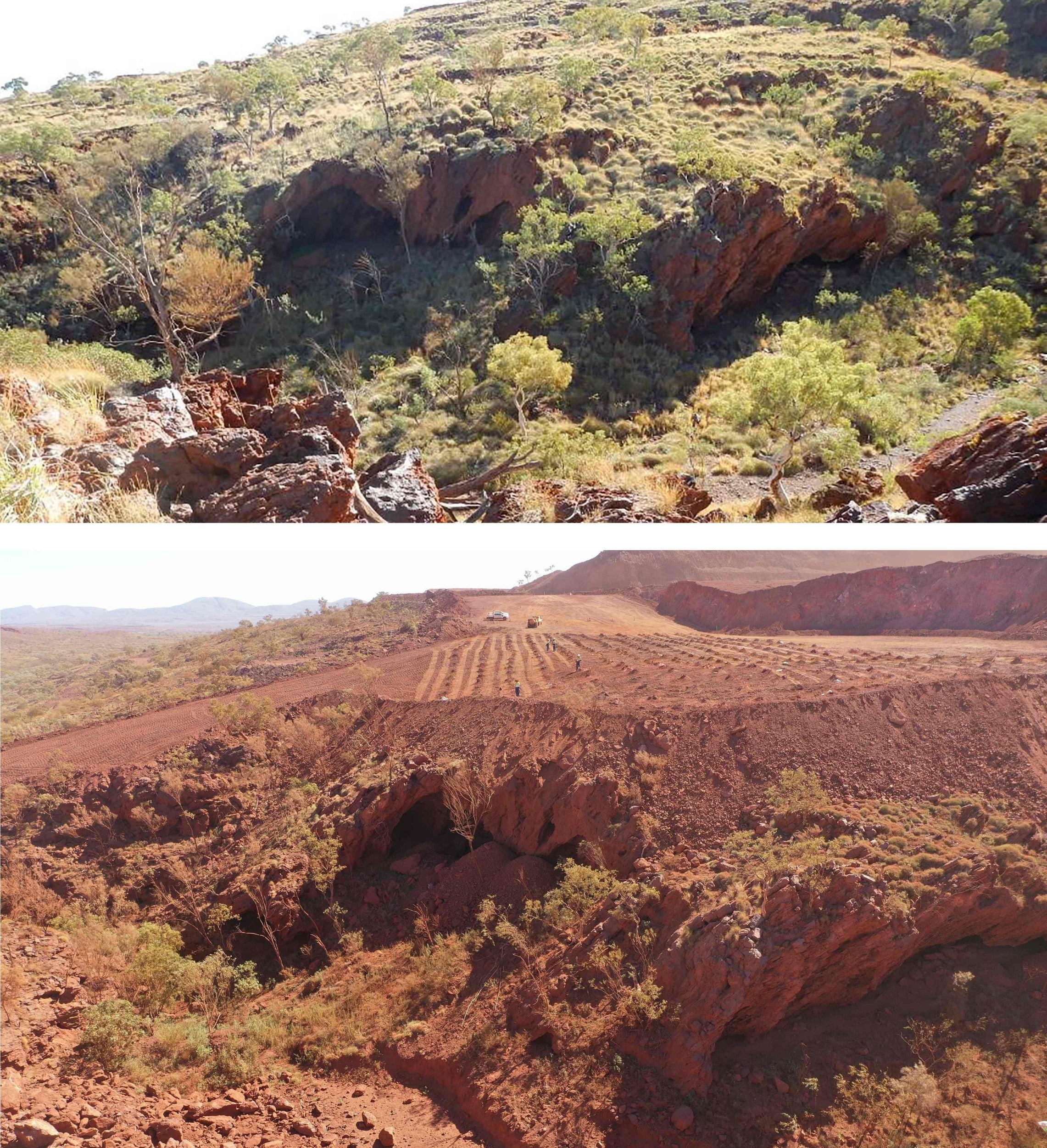 Photos released by the PKKP Aboriginal Corporation show Juukan Gorge in Western Australia on June 2, 2013 (top) and how it was on May 15, 2020, after mining activity but before the blasts which destroyed the ancient caves