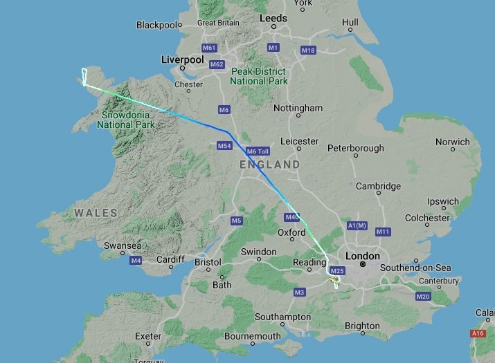 &#13;
The track of the aircraft from Surrey to north Wales &#13;