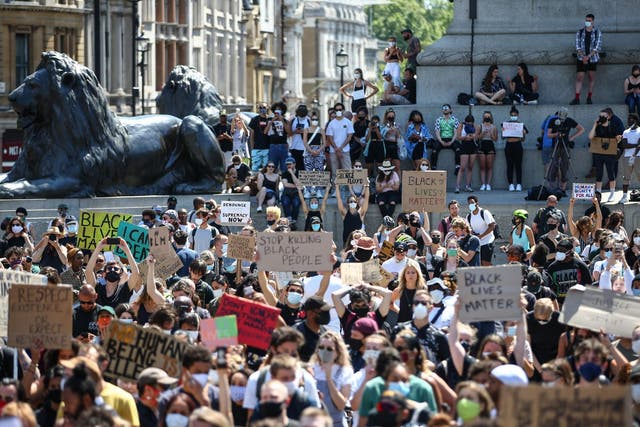 Protesters take part in a Black Lives Matter march at Trafalgar Square, London on 31 May 2020