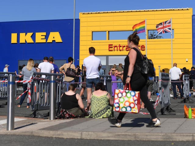 Customers queue at IKEA, Nottingham before it reopens following closure on 1 June, 2020 in Nottingham