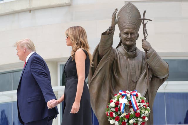 Donald Trump and first lady Melania Trump visit Saint John Paul II National Shrine in Washington, DC