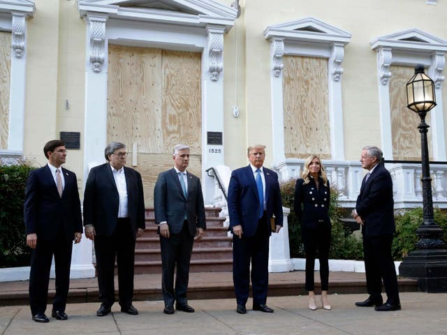 US defence secretary, Mark Esper (left), with president Donald Trump outside St John's Church