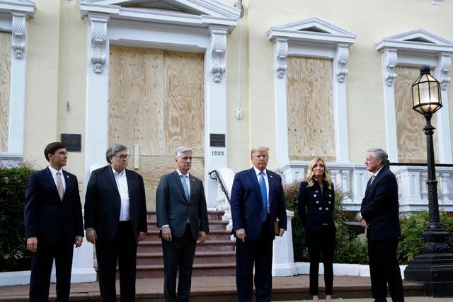 US defence secretary, Mark Esper (left), with president Donald Trump outside St John's Church