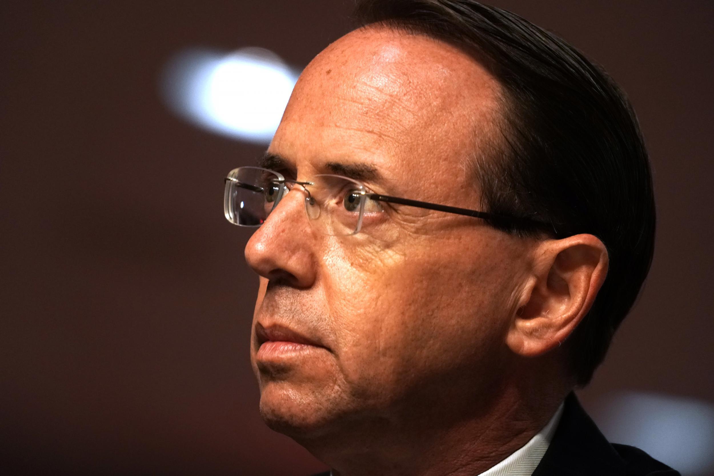 WASHINGTON, DC - JUNE 03: Former Deputy Attorney General Rod Rosenstein testifies during a Senate Judiciary Committee hearing to discuss the FBI's "Crossfire Hurricane" investigation in the Dirksen Senate Office Building June 3, 2020 in Washington DC. The Republican-led panel is exploring issues raised with warrants issued in the FBI investigation, code-named "Crossfire Hurricane" at the time, of Trump campaign officials in the 2016 presidential race.