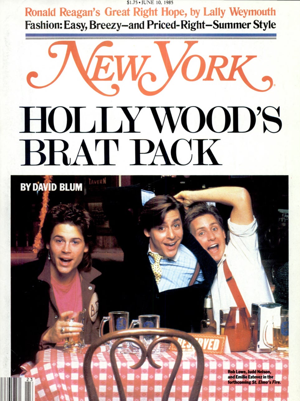 Rob Lowe, Judd Nelson e Emilio Estevez na infame capa 'Brat Pack' da New York Magazine