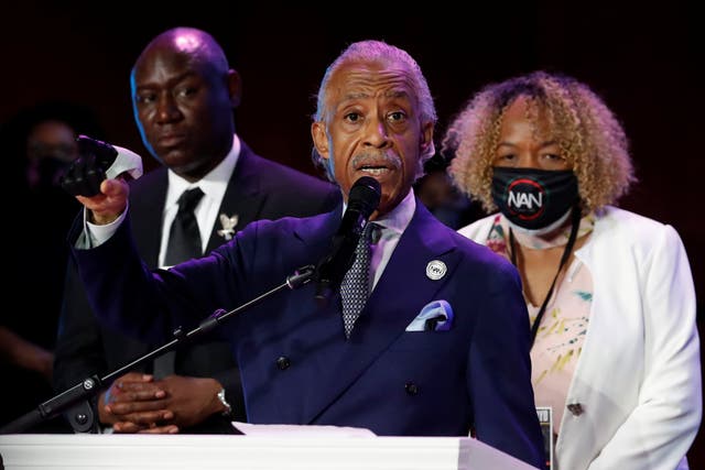 The Rev Al Sharpton speaks at a memorial service for George Floyd in Minneapolis