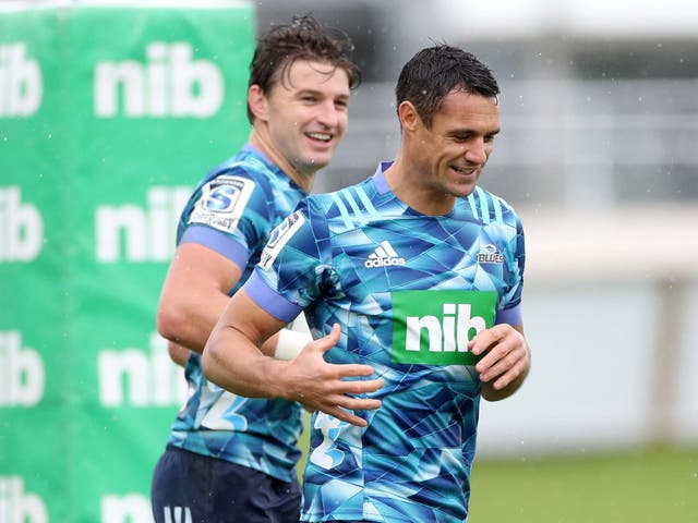 Dan Carter and Beauden Barrett in training on the All Blacks' great's first day at the Blues