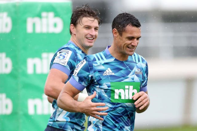Dan Carter and Beauden Barrett in training on the All Blacks' great's first day at the Blues
