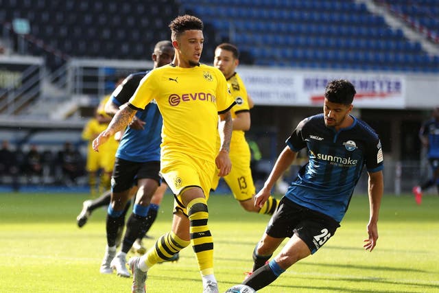 Jadon Sancho in action for Dortmund against Paderborn