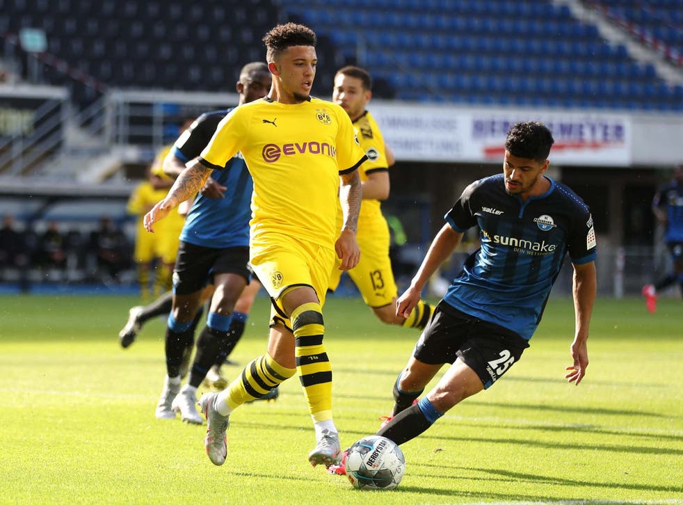 Jadon Sancho in action for Dortmund against Paderborn