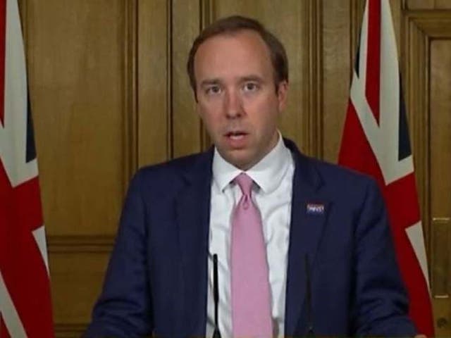 Screen grab of Health Secretary Matt Hancock during a media briefing in Downing Street, London