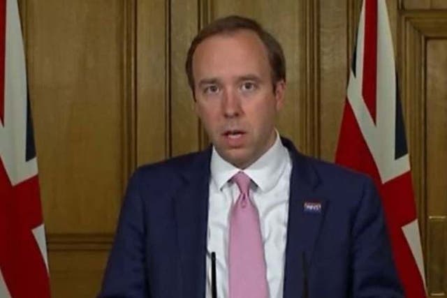 Screen grab of Health Secretary Matt Hancock during a media briefing in Downing Street, London